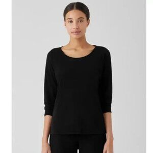 Eileen Fisher Stretch 100% Silk Jersey Scoop Neck Top In Black Size Medium